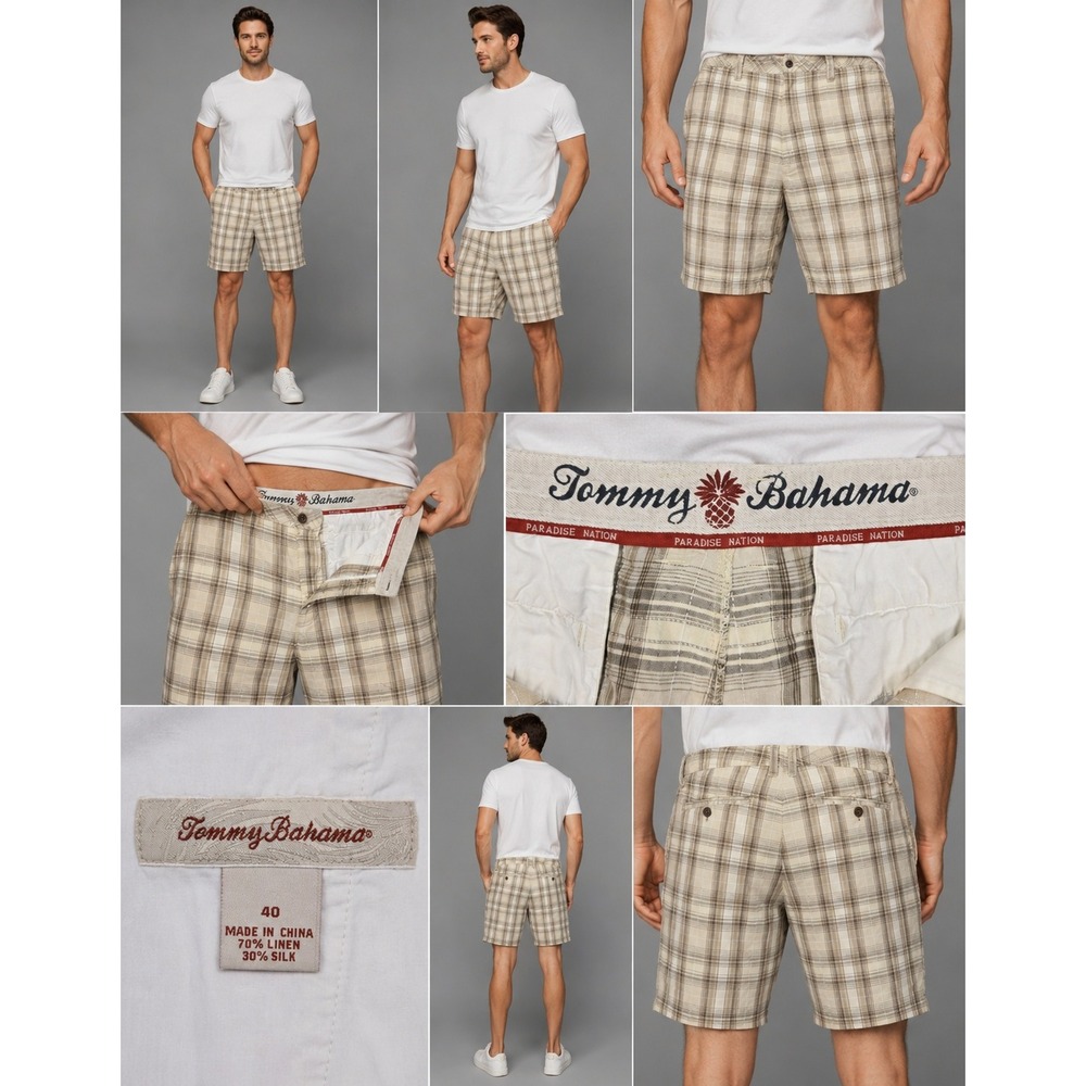 Tommy Bahama Plaid Shorts Mens 40 Tan Good Linen Silk Paradise Nation